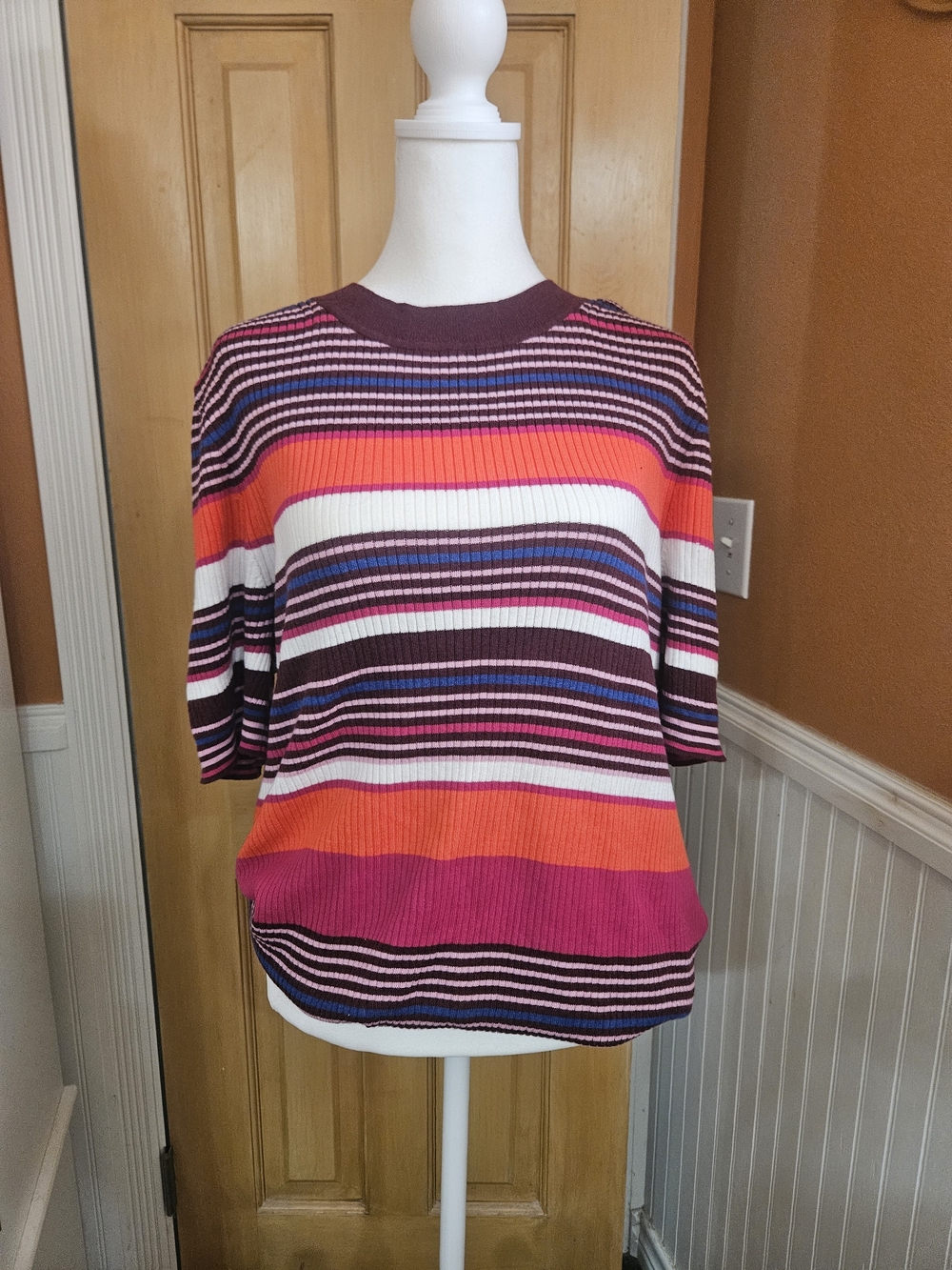 Gap Striped Short-Sleeve Knit Top in Pink, Orange & White